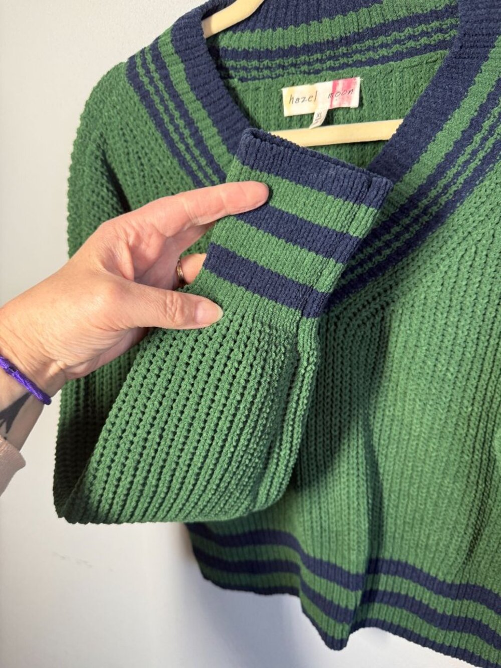 Hazel Moon Womens XL Green/Blue Cropped V Neck Sweater Preppy Academia Varsity - Picture 6 of 10